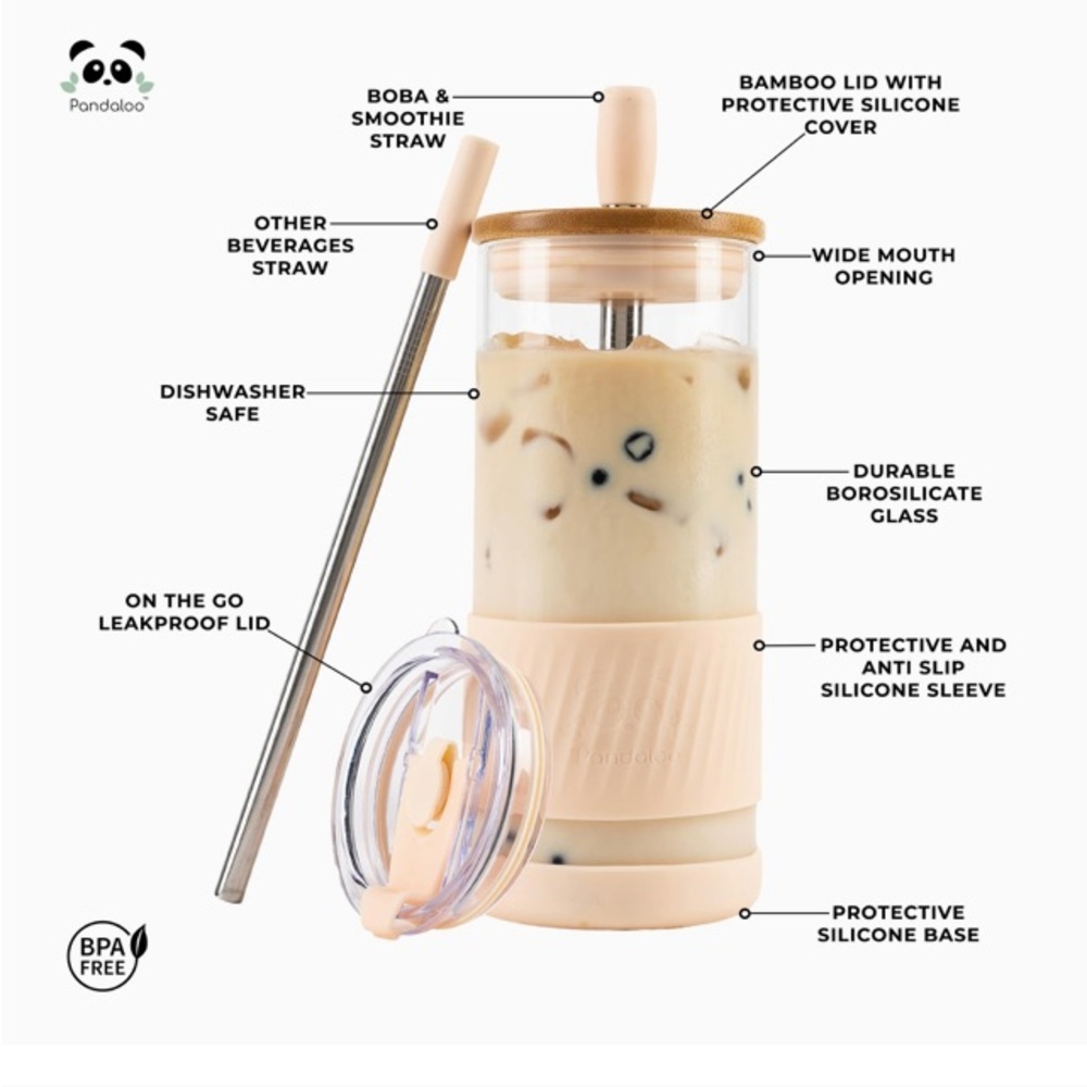 Pandaloo Reusable Glass Cup Tumbler and Metal Straws - Picture 8 of 8